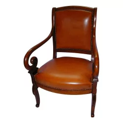 “Rolled arm” convertible armchair in cherry wood.