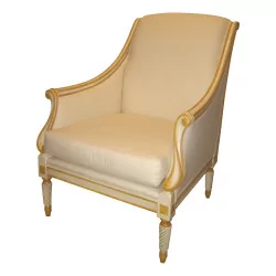 Sessel aus geschnitztem Holz, weiß und vergoldet lackiert, mit Kissen, …