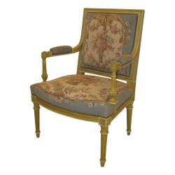 Fauteuil Louis XVI en hêtre sculpté peint en vert avec filets …