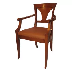 Directoire armchair in cherry wood, covered with brown leather.