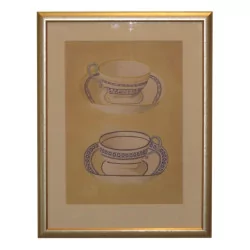 “Teacups” color engraving.