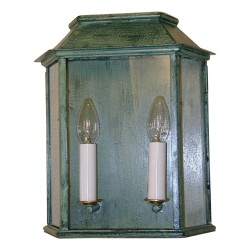 Copper lantern with 3 sides painted in verdigris.