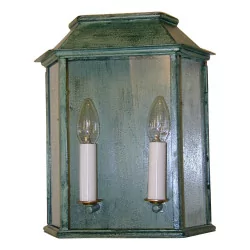 Copper lantern with 3 sides painted in verdigris.
