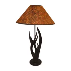 small model \"Antelope\" lamp with burgundy lampshade.