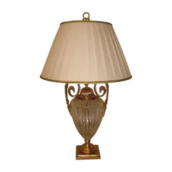 “Titano” lamp in bronze and crystal, with pleated lampshade.