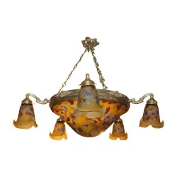 \"Tulip\" chandelier in Gallé style in glass and bronze, 5 lights.
