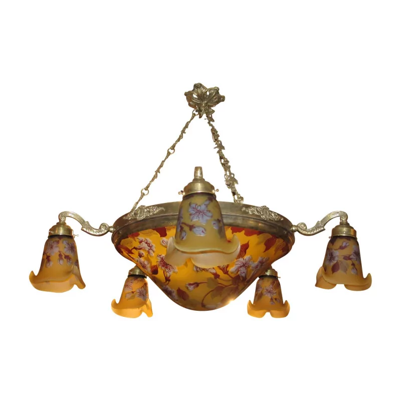\"Tulip\" chandelier in Gallé style in glass and bronze, 5 lights. - Moinat - Chandeliers, Ceiling lamps