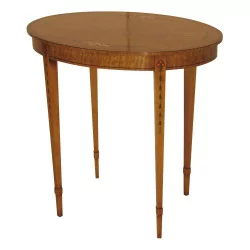 oval satin pedestal table with painted decoration.