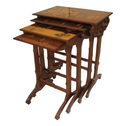 Set of \"Cats\" nesting tables, copy of Gallé in carved walnut,