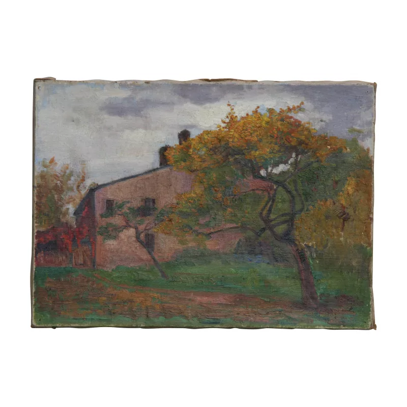 Oil painting on canvas “Behind the Farm - The Chapel”, by … - Moinat - Ruegger