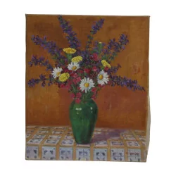 布面油画“花瓶中的野花”，…