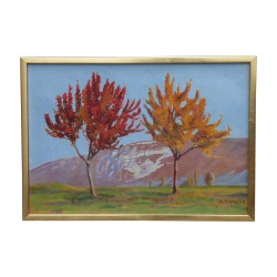Gemälde, Öl auf Leinwand \"Herbst, Birnbäume und der Salève -