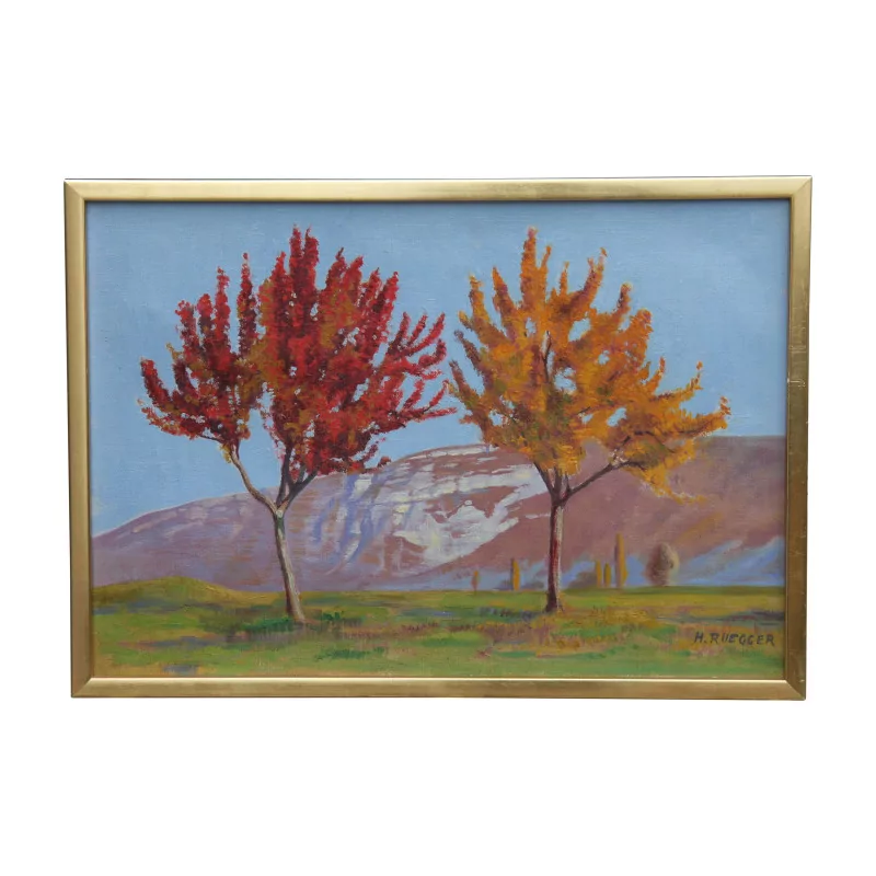 Painting, oil on canvas “Autumn, pear trees and the Salève - … - Moinat - Ruegger