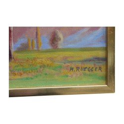 Gemälde, Öl auf Leinwand \"Herbst, Birnbäume und der Salève -