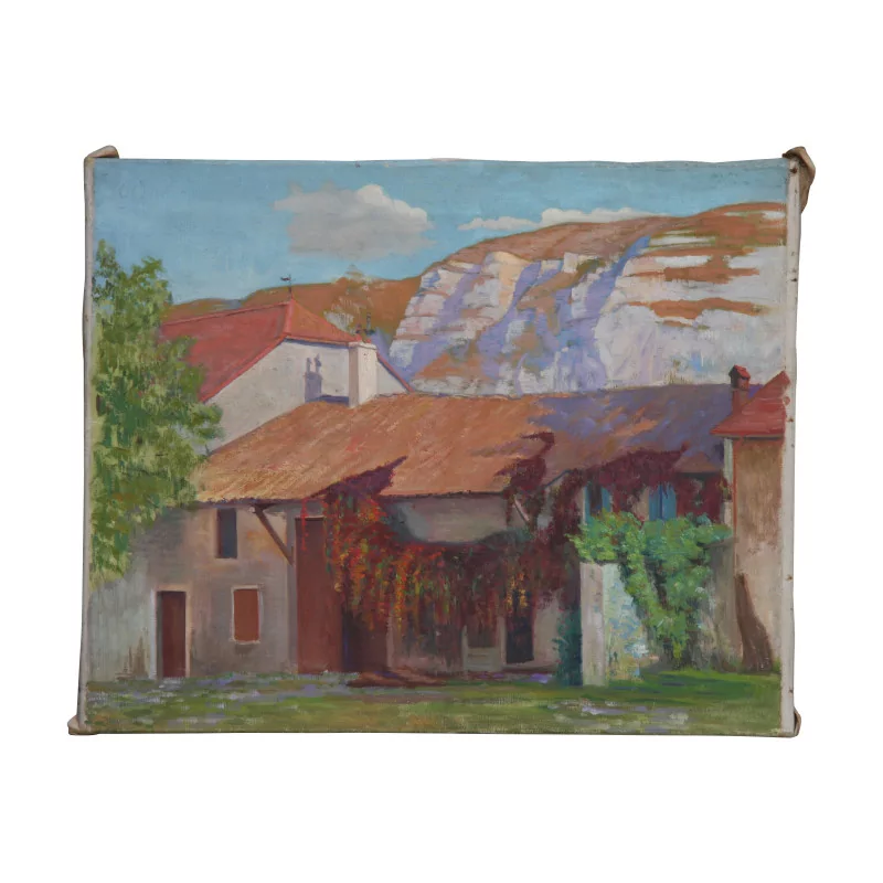 桌子，布面油画“房子与葡萄处女在......的背景下 - Moinat - Ruegger