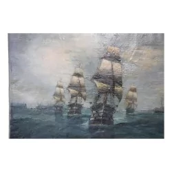 幅海洋油画布面油画“3 Mats en mer”，署名较低……