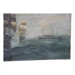 幅海洋油画布面油画“3 Mats en mer”，署名较低……