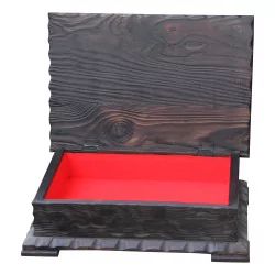 wooden box with “map” decoration on the top and velvet …