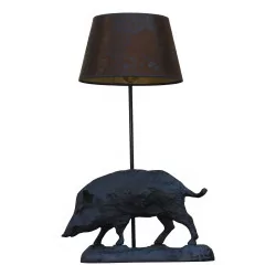 Wild boar lamp with cylindrical lampshade in aged leather style …