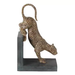 Buchstütze „Gepard“ auf der linken Seite aus lackiertem Metall.
