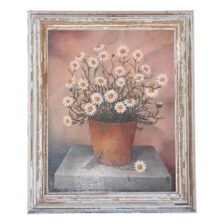 Gemälde „Blumentopf“ mit weißem Bleirahmen.