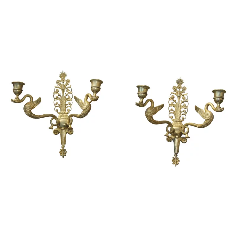 Paar Wandleuchter „Schwäne“ aus vergoldeter Bronze, Modell Empire, Nr … - Moinat - Wandleuchter