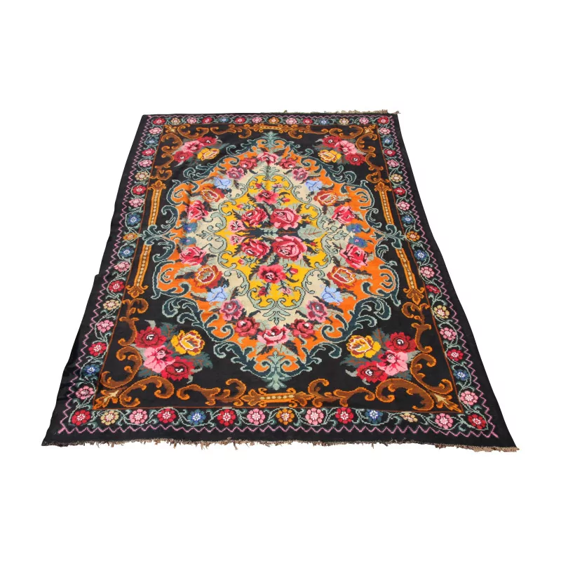 Tapis Kilim avec frange et décor floral. - Moinat - Tapis