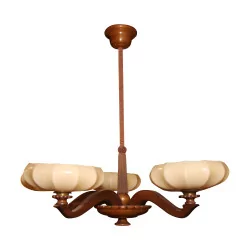 Wooden chandelier with 5 lights and globes in opaline color
