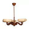 Wooden chandelier with 5 lights and globes in opaline color - Moinat - Opaline