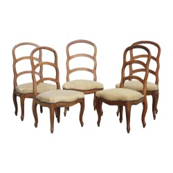 Set of 5 cherry wood chairs with fabric seat