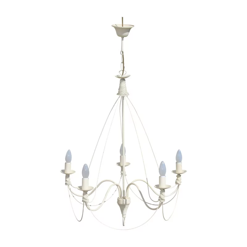 weißer Kronleuchter aus Schmiedeeisen mit 5 Lichtern im provenzalischen Stil. 20. … - Moinat - Deckenleuchter