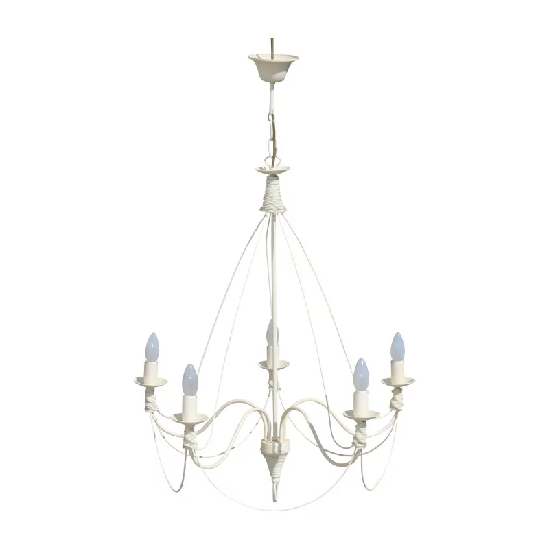 Lustre en fer forgé blanc à 5 lumières style Provençal. 20ème … - Moinat - Lustres, Plafonniers