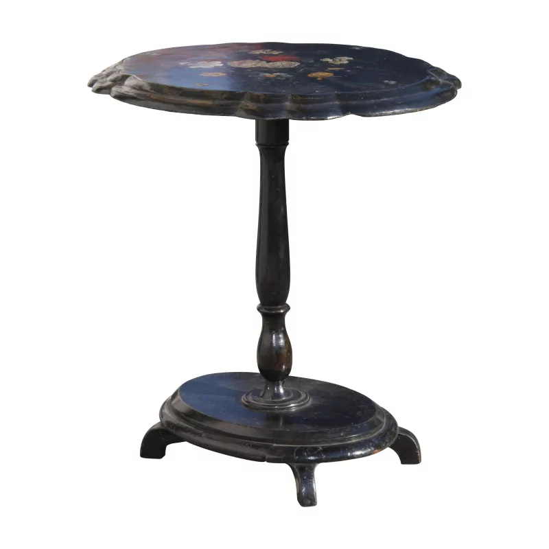 拿破仑三世黑漆台座桌，顶部有花卉装饰和…… - Moinat - End tables, Bouillotte tables, 床头桌, Pedestal tables