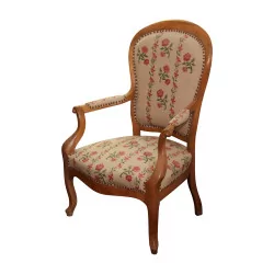 Louis-Philippe armchair with embroidered fabric and walnut wood. END …