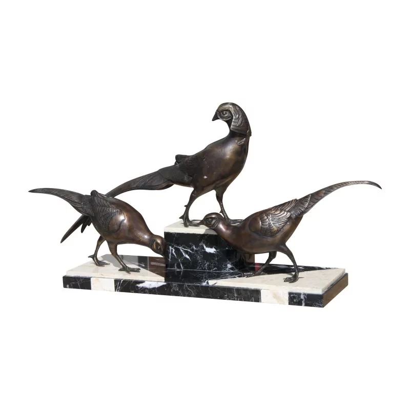 Bronze de 3 faisans sur socle en marbre noir et blanc. - Moinat - Bronzes