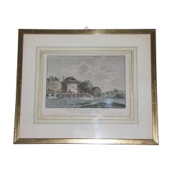 Glasstich mit der Ansicht einer Mühle am Fuße der Pont …