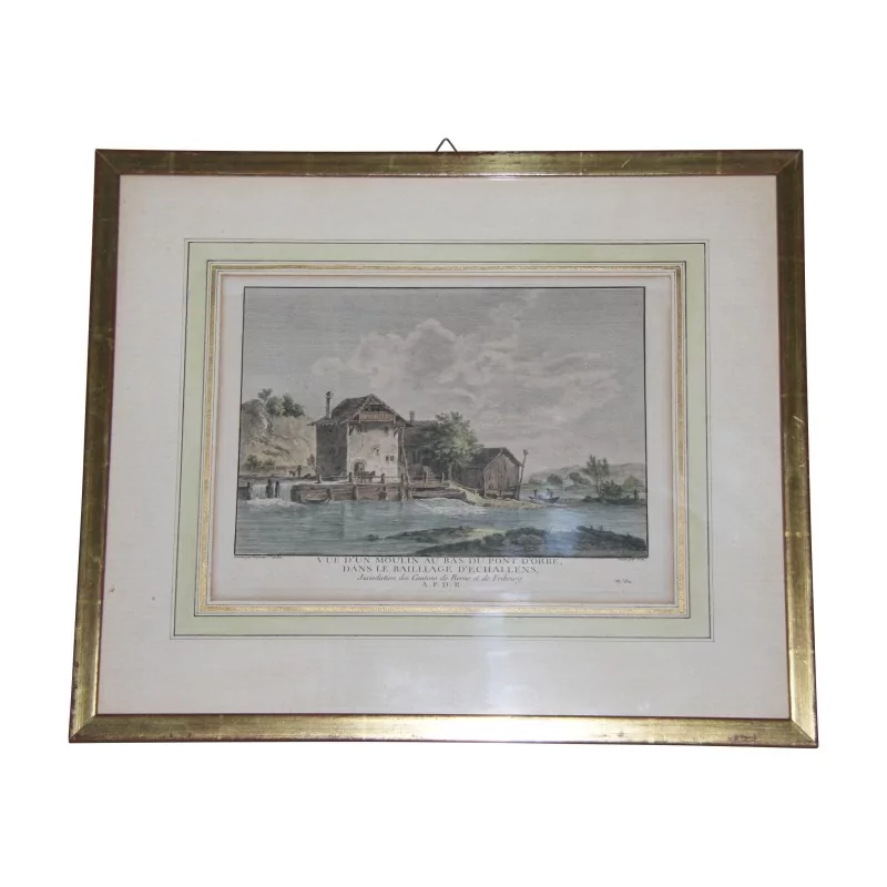 Glasstich mit der Ansicht einer Mühle am Fuße der Pont … - Moinat - Gravüren