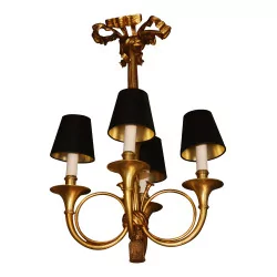 4-flammiger Kronleuchter aus Bronze mit schwarzem und goldenem Schirm …
