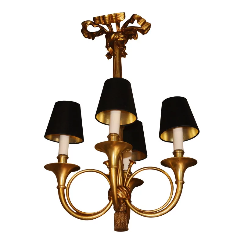 Lustre en bronze 4 lumières avec abat-jour noir et doré à … - Moinat - Lustres, Plafonniers