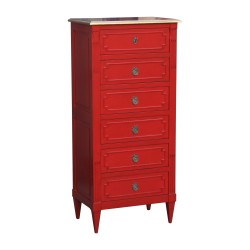 Chiffonnier à 6 tiroirs en bois peint rouge.