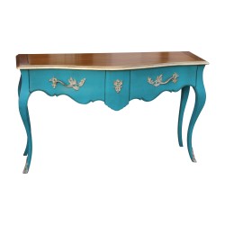 Louis XV console table with turquoise painted cherry wood top and 2