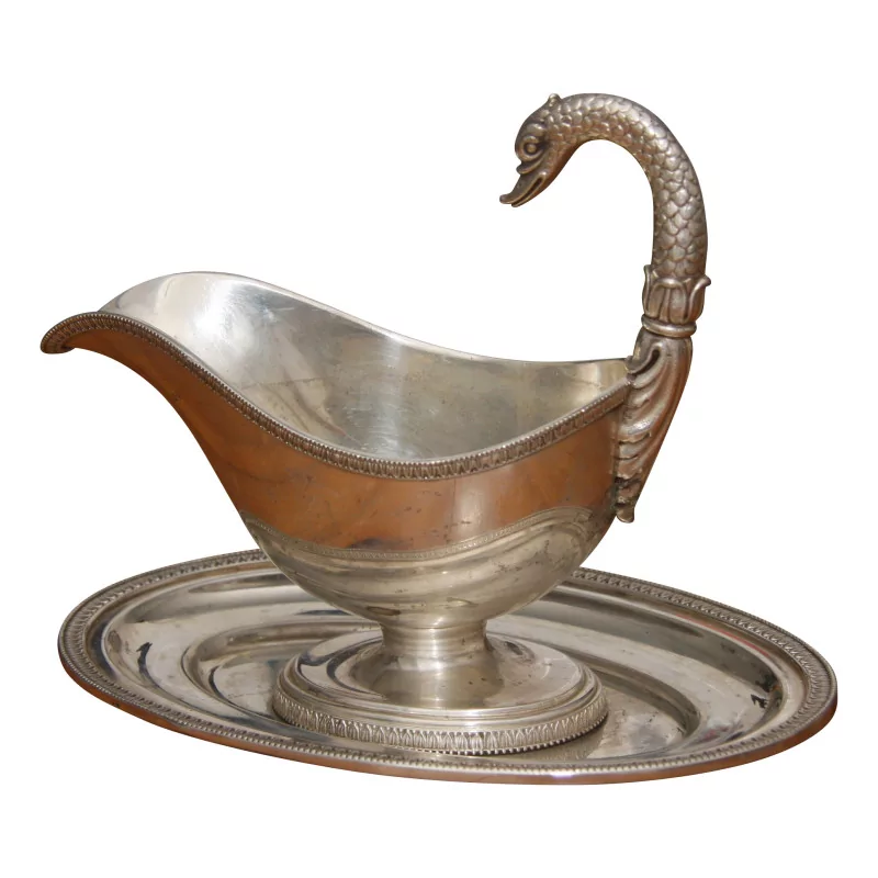 Sauce boat in 800 silver with its “Swans” dish. France, … - Moinat - Silverware
