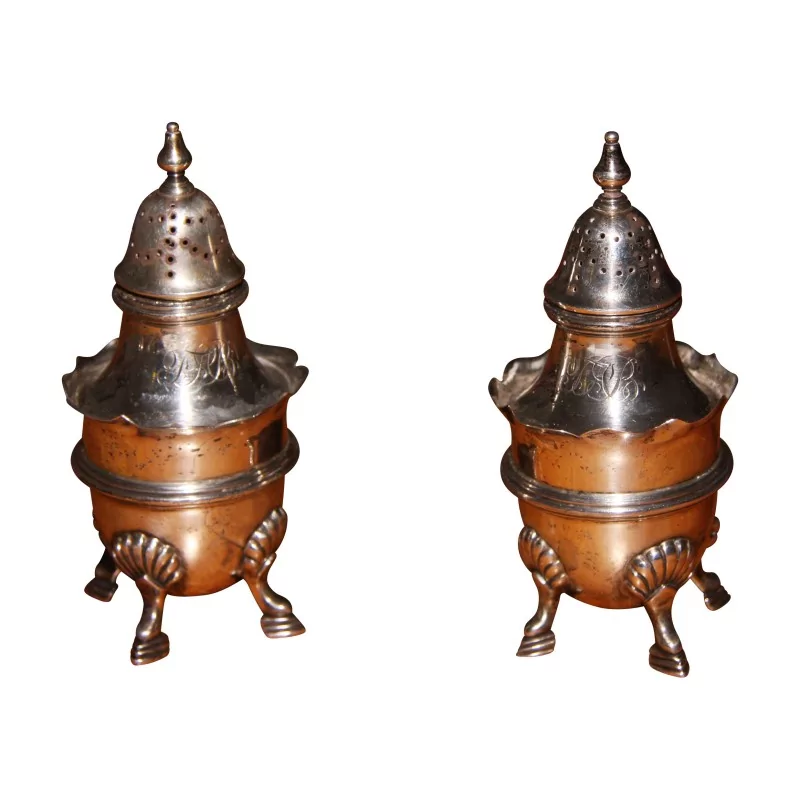 Paire de salière poivrier en argent 801 avec initiales - Moinat - Argenterie