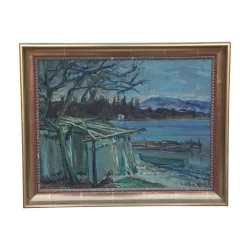 Картина маслом на дереве «Bords du Lac» подпись внизу справа…