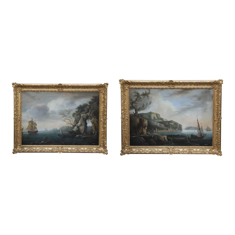 Paire de tableaux “Marine avec personnage”, huile sur toile … - Moinat - Tableaux - Paysage