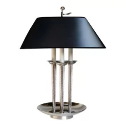 Art Deco lamp in silvered bronze with black fabric lampshade, 3 …