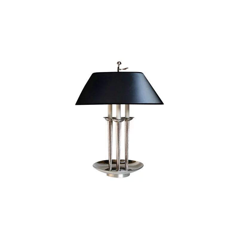 Art-Deco-Lampe in versilberter Bronze mit schwarzem Stofflampenschirm, 3 … - Moinat - Tischlampen