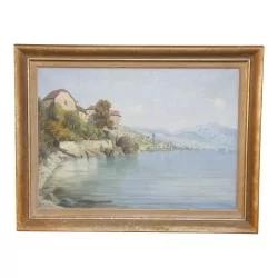 幅画，布面油画，带框“湖景 - 里维埃拉......
