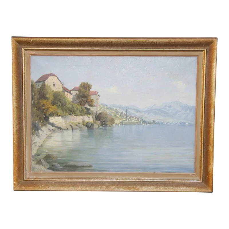 幅画，布面油画，带框“湖景 - 里维埃拉...... - Moinat - 画 - 景观