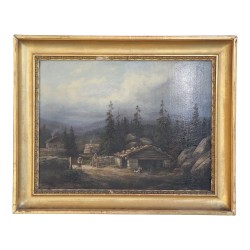 Картина маслом на панно «Горный пейзаж с шале», …